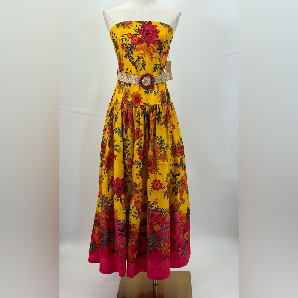 ZIMMERMANN Ginger Strapless Midi Dress Pink & Yellow Floral Midi Dress Size 6 - Picture 3 of 16